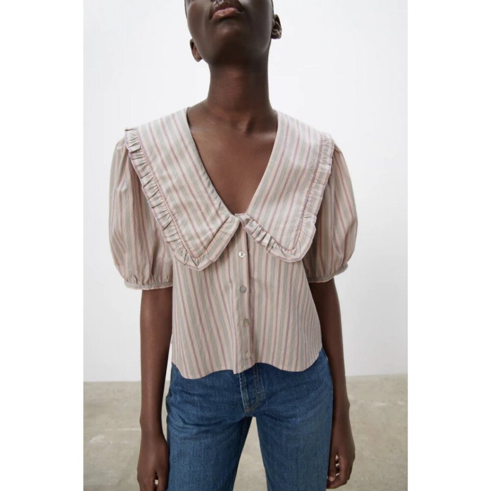 Zara Striped Blouse with Ruffled Collar - Pink and White
